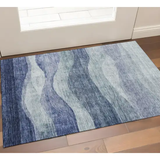 Blue And Sky Blue Abstract Washable Area Rug With UV Protection Photo 6