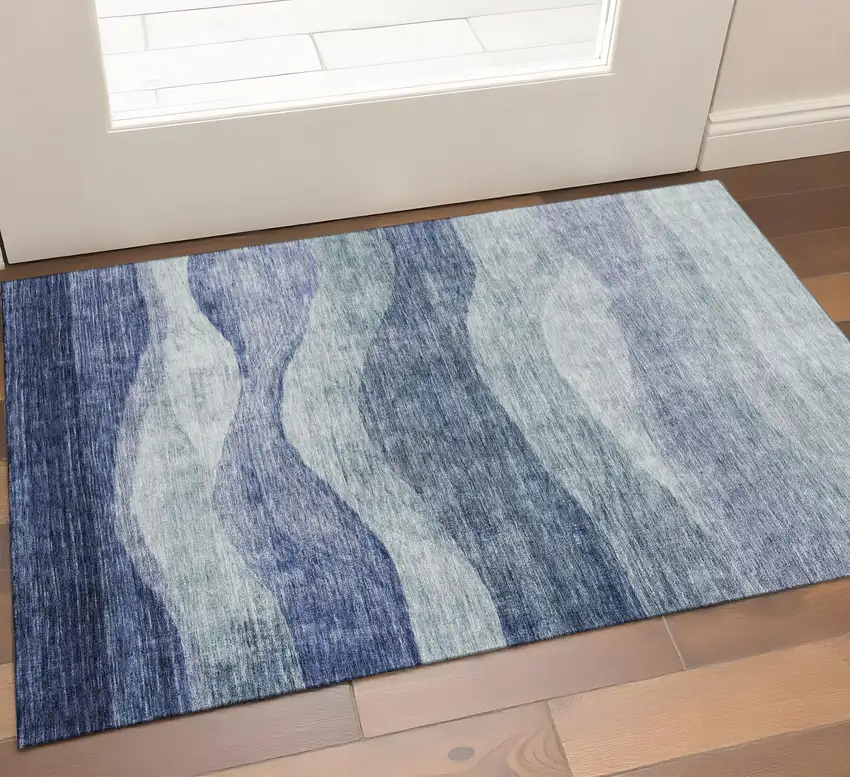 Blue And Sky Blue Abstract Washable Area Rug With UV Protection Photo 6