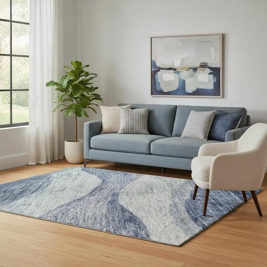 Blue And Sky Blue Abstract Washable Area Rug With UV Protection Photo 2