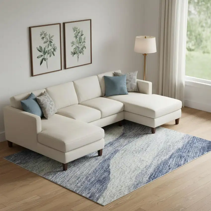 Blue And Sky Blue Abstract Washable Area Rug With UV Protection Photo 2