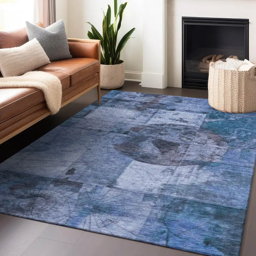 Blue And Sky Blue Abstract Washable Indoor Outdoor Area Rug Photo 4