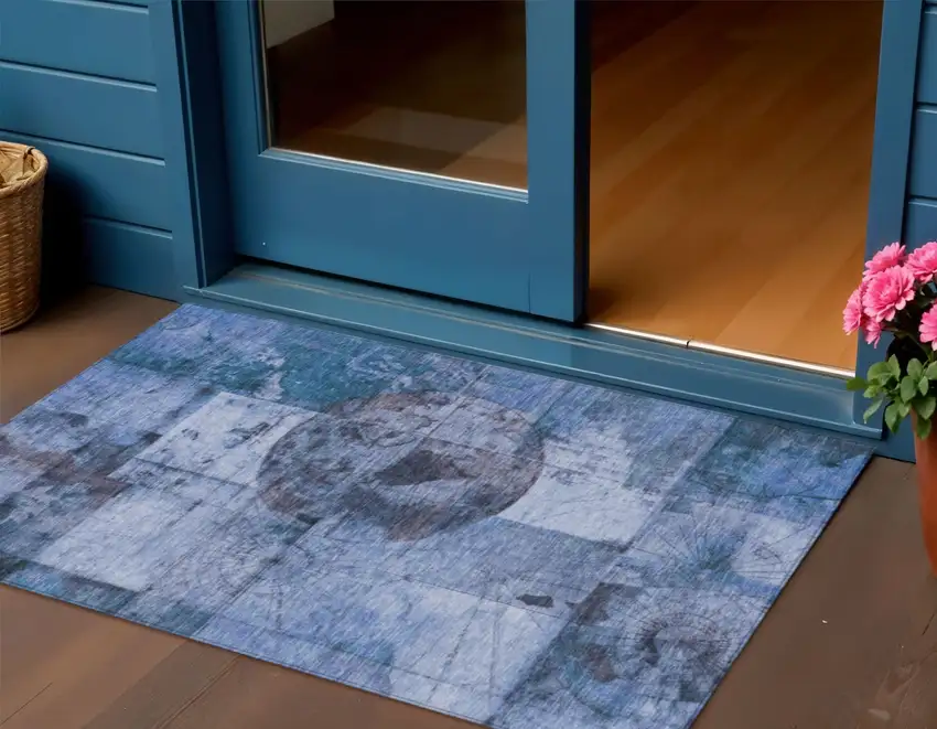 Blue And Sky Blue Abstract Washable Indoor Outdoor Area Rug Photo 2