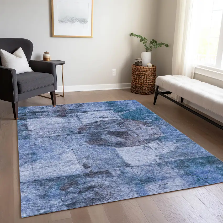 Blue And Sky Blue Abstract Washable Indoor Outdoor Area Rug Photo 5