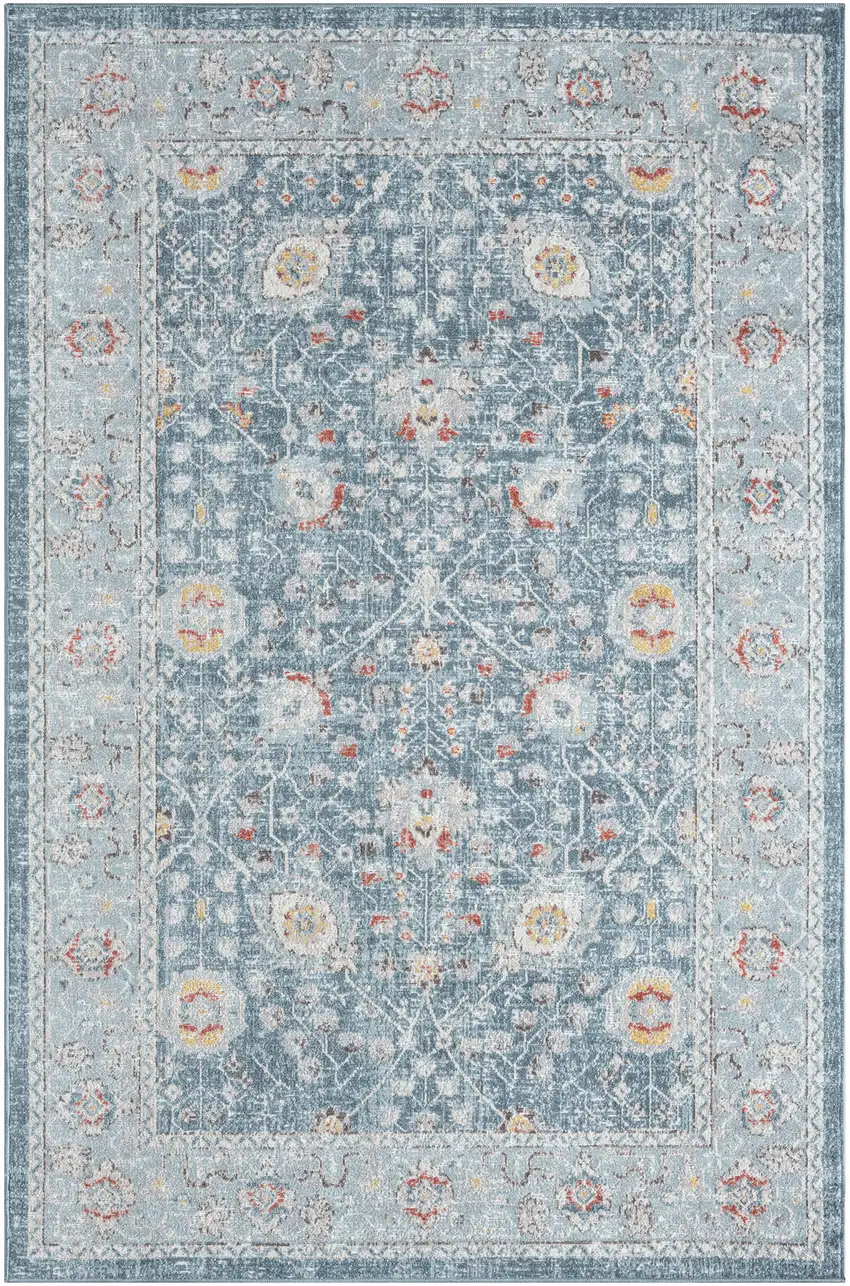 Blue And Sky Blue Floral Distressed Area Rug Photo 2
