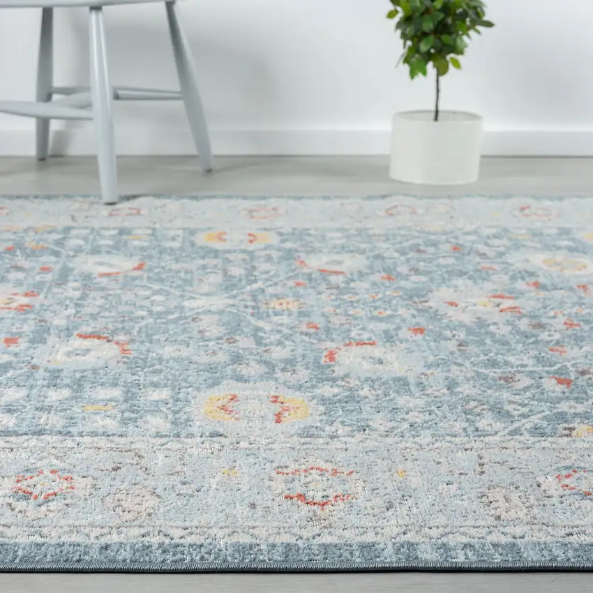 Blue And Sky Blue Floral Distressed Area Rug Photo 7