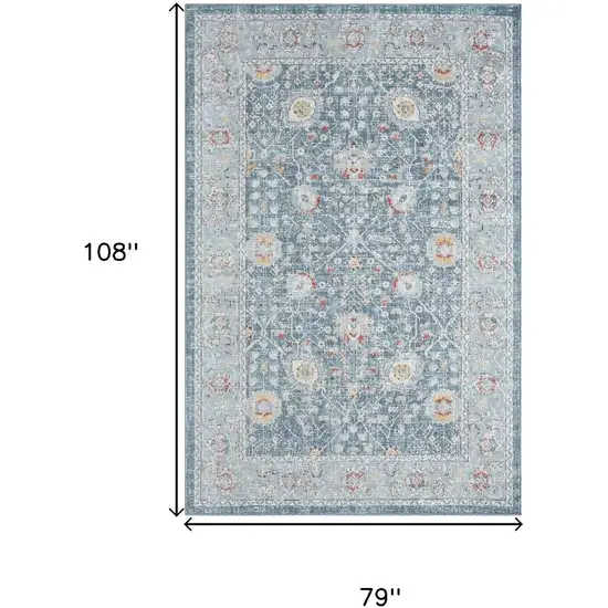 Blue And Sky Blue Floral Distressed Area Rug Photo 3