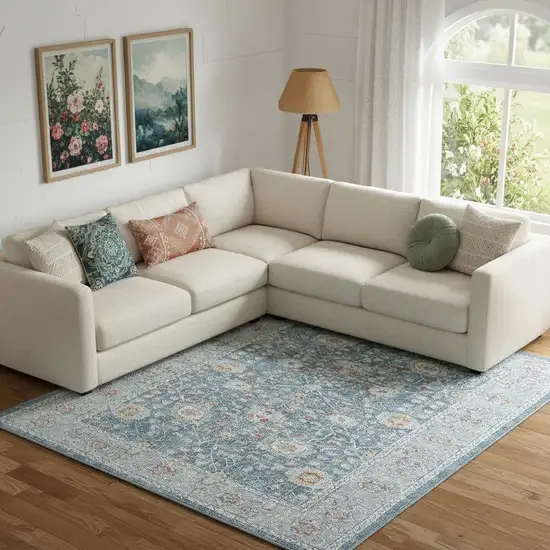 Blue And Sky Blue Floral Distressed Area Rug Photo 1