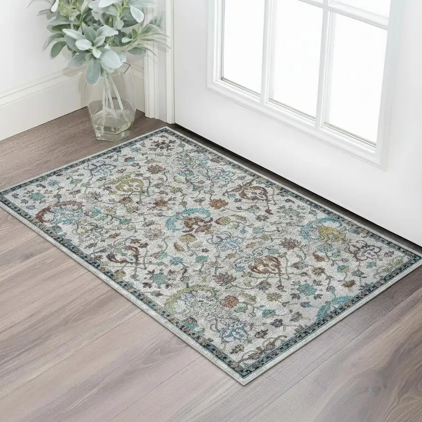 Blue And Sky Blue Floral Distressed Area Rug Photo 1