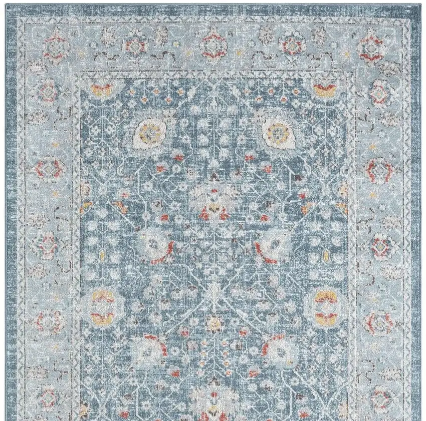 Blue And Sky Blue Floral Distressed Area Rug Photo 3