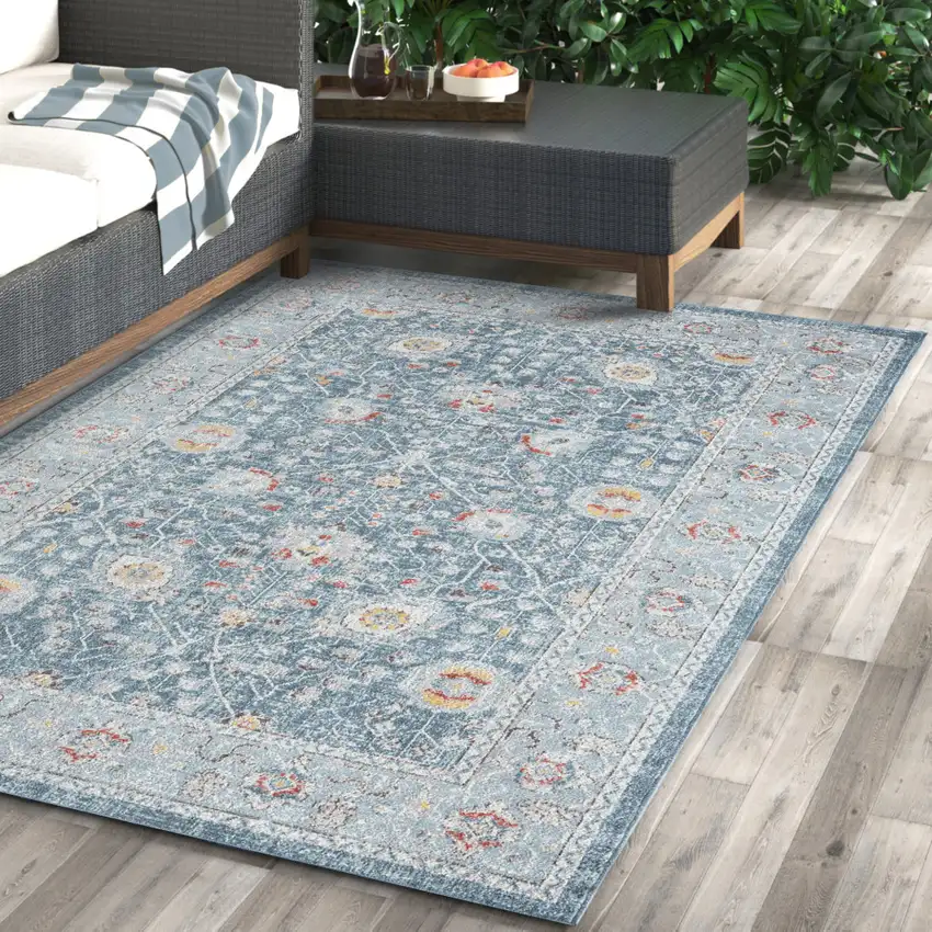 Blue And Sky Blue Floral Distressed Area Rug Photo 4