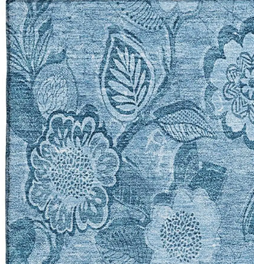 Blue And Sky Blue Floral Washable Area Rug With UV Protection Photo 3