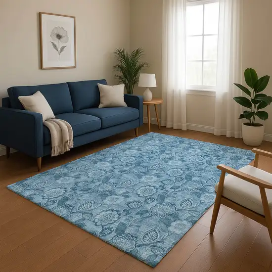 Blue And Sky Blue Floral Washable Area Rug With UV Protection Photo 5