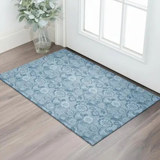 Blue And Sky Blue Floral Washable Area Rug With UV Protection Photo 2