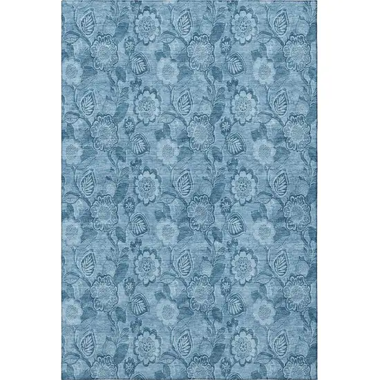 Blue And Sky Blue Floral Washable Area Rug With UV Protection Photo 4