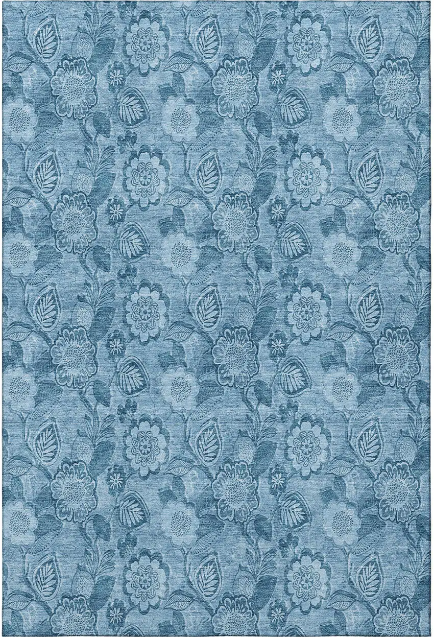 Blue And Sky Blue Floral Washable Area Rug With UV Protection Photo 4