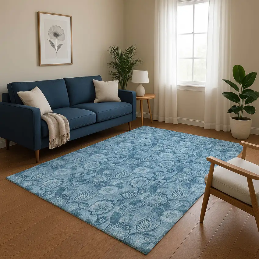 Blue And Sky Blue Floral Washable Area Rug With UV Protection Photo 5