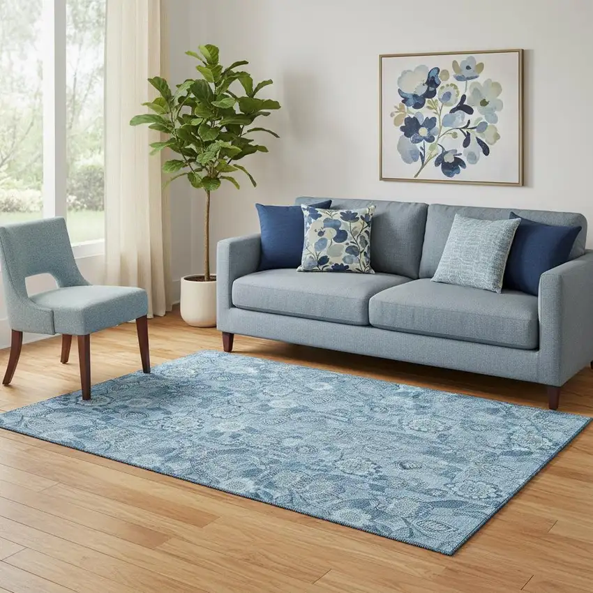 Blue And Sky Blue Floral Washable Area Rug With UV Protection Photo 2