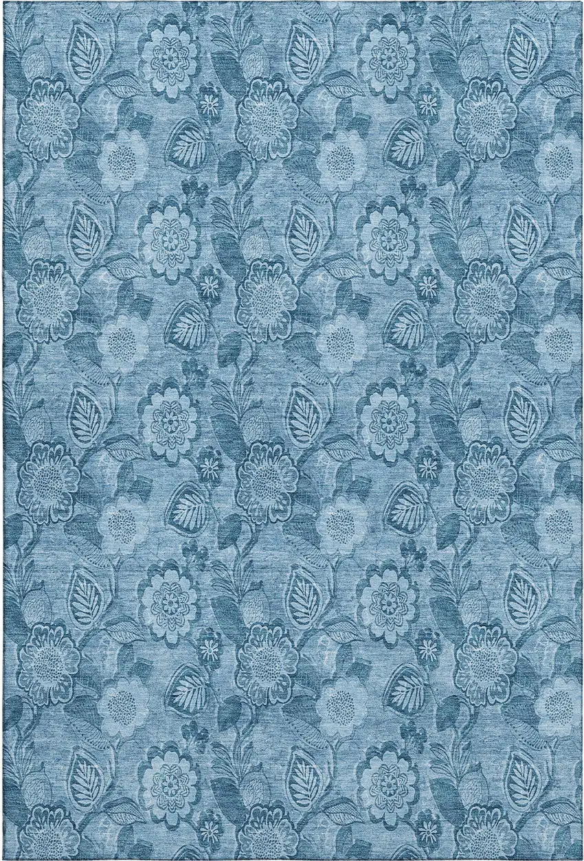 Blue And Sky Blue Floral Washable Area Rug With UV Protection Photo 1
