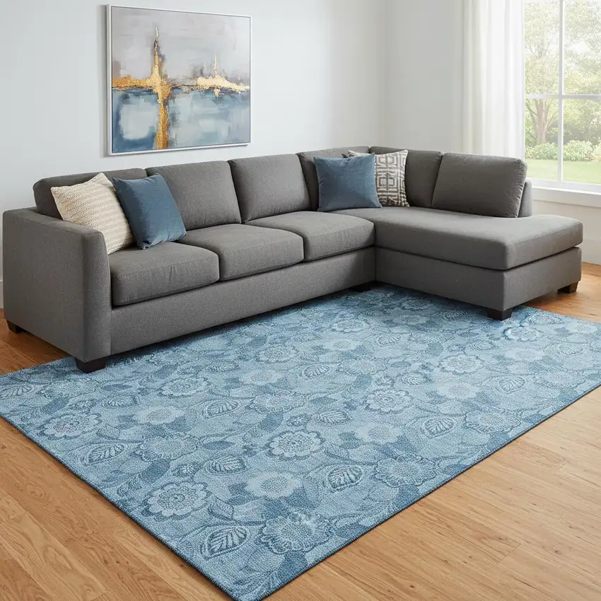 Blue And Sky Blue Floral Washable Area Rug With UV Protection Photo 2