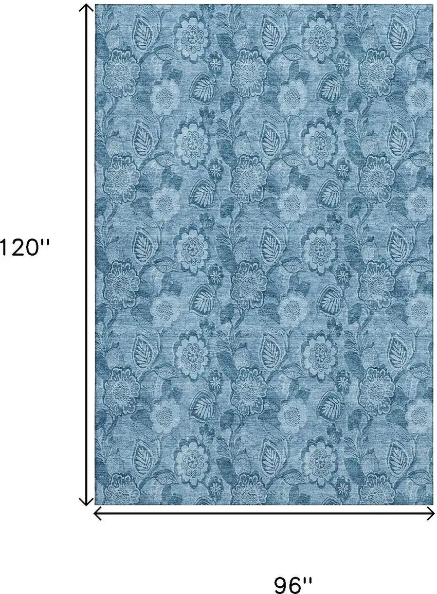Blue And Sky Blue Floral Washable Area Rug With UV Protection Photo 9