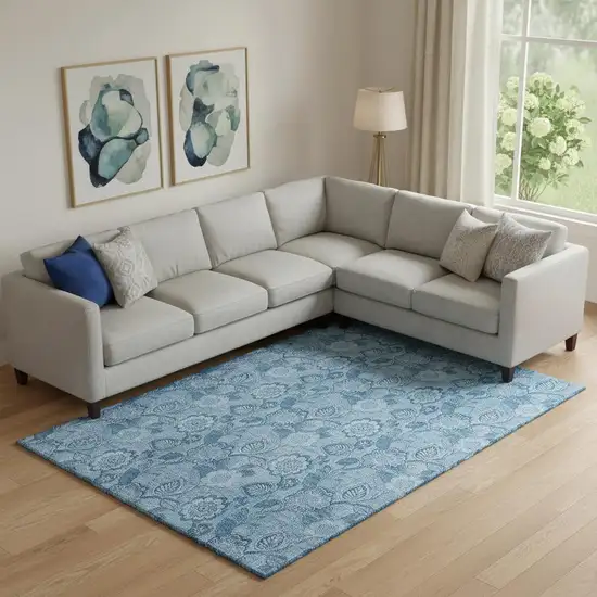 Blue And Sky Blue Floral Washable Area Rug With UV Protection Photo 2