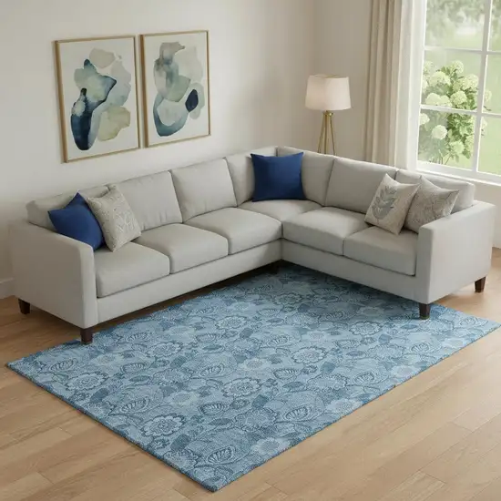 Blue And Sky Blue Floral Washable Area Rug With UV Protection Photo 2