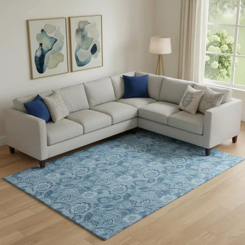 Blue And Sky Blue Floral Washable Area Rug With UV Protection Photo 2