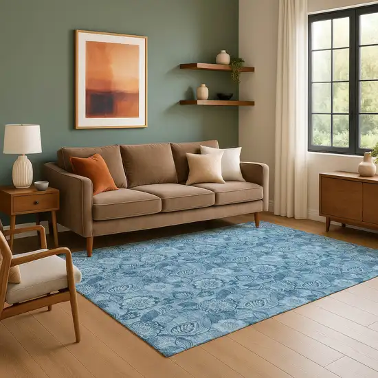Blue And Sky Blue Floral Washable Area Rug With UV Protection Photo 6