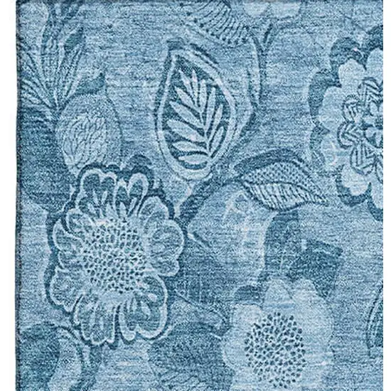Blue And Sky Blue Floral Washable Area Rug With UV Protection Photo 4