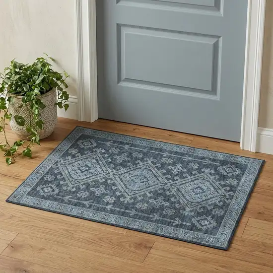 Blue And Sky Blue Diamond Distressed Washable Area Rug With UV Protection Photo 1