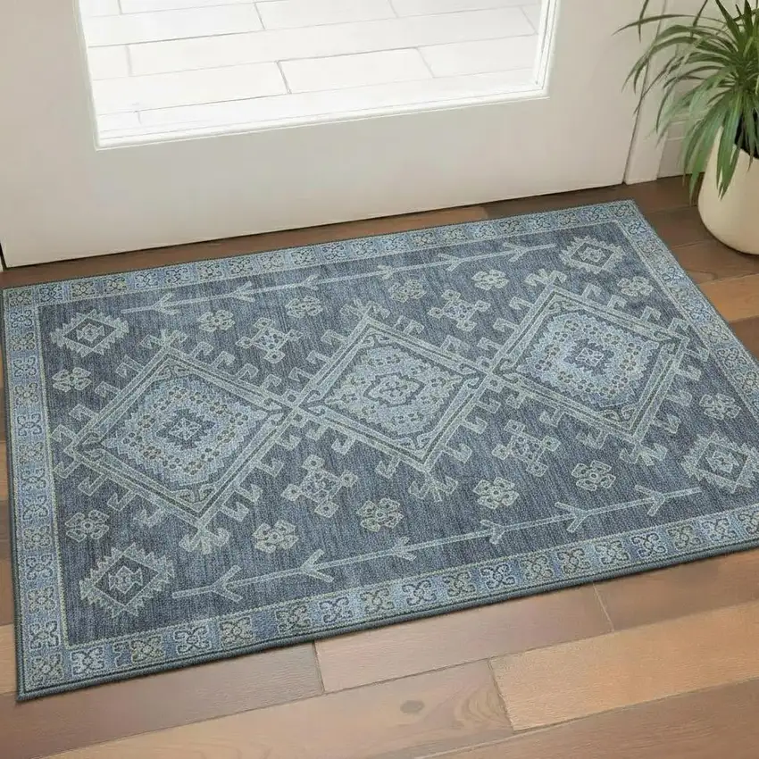 Blue And Sky Blue Geometric Washable Area Rug With UV Protection Photo 1