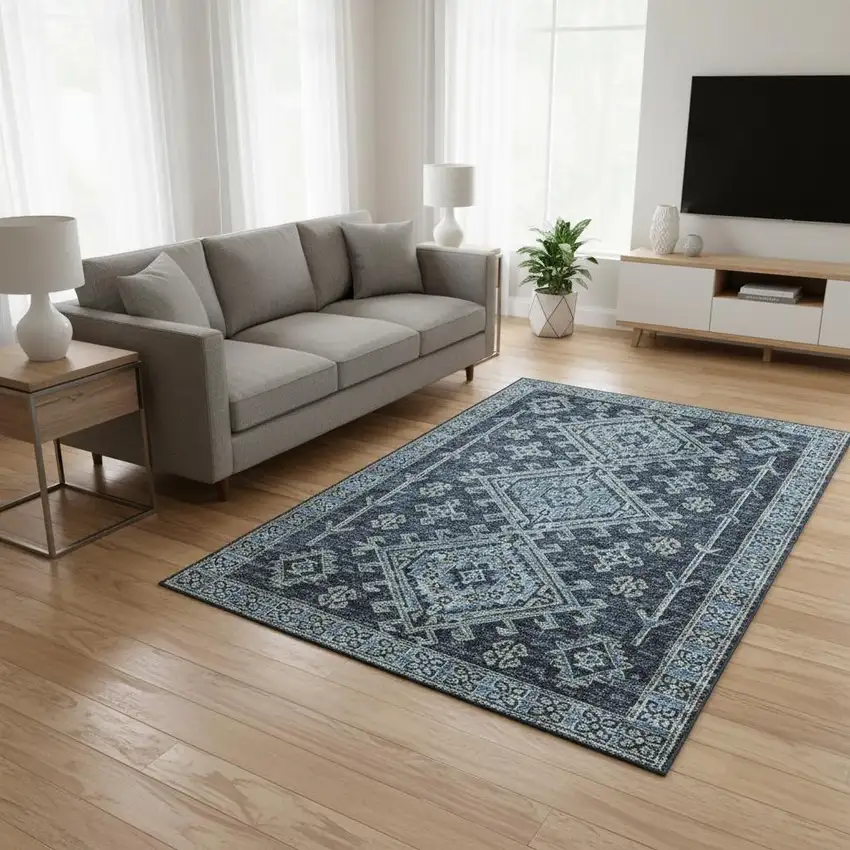 Blue And Sky Blue Geometric Washable Area Rug With UV Protection Photo 1