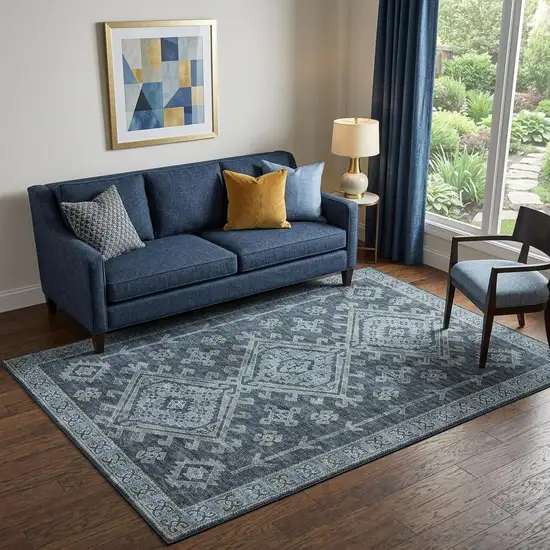 Blue And Sky Blue Diamond Distressed Washable Area Rug With UV Protection Photo 1