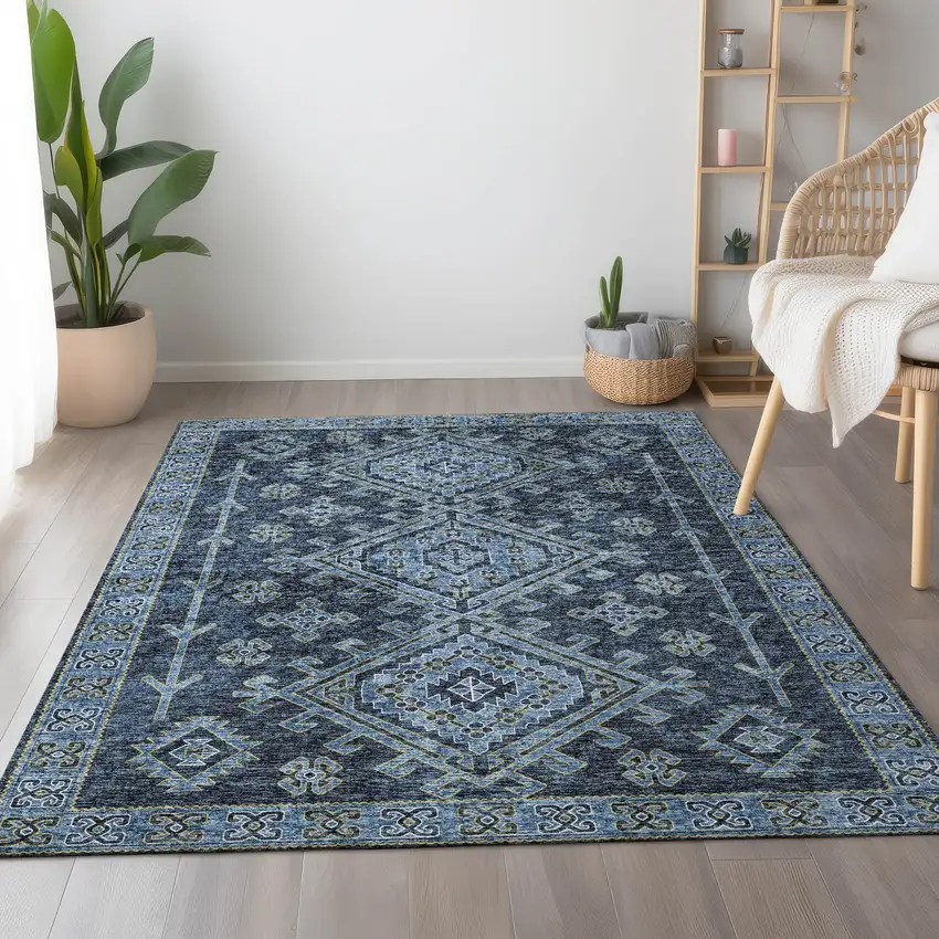Blue And Sky Blue Geometric Washable Area Rug With UV Protection Photo 4