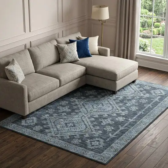 Blue And Sky Blue Diamond Distressed Washable Area Rug With UV Protection Photo 1