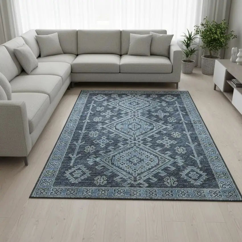 Blue And Sky Blue Geometric Washable Area Rug With UV Protection Photo 1