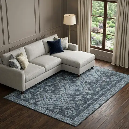 Blue And Sky Blue Diamond Distressed Washable Area Rug With UV Protection Photo 1