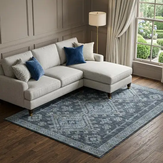 Blue And Sky Blue Diamond Distressed Washable Area Rug With UV Protection Photo 1