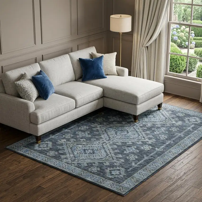 Blue And Sky Blue Diamond Distressed Washable Area Rug With UV Protection Photo 1