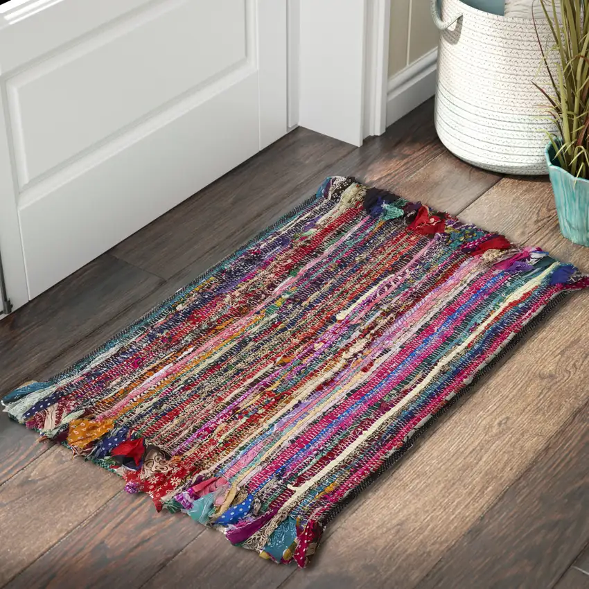 Blue And Sky Blue Striped Hand Woven Area Rug With Fringe Photo 6