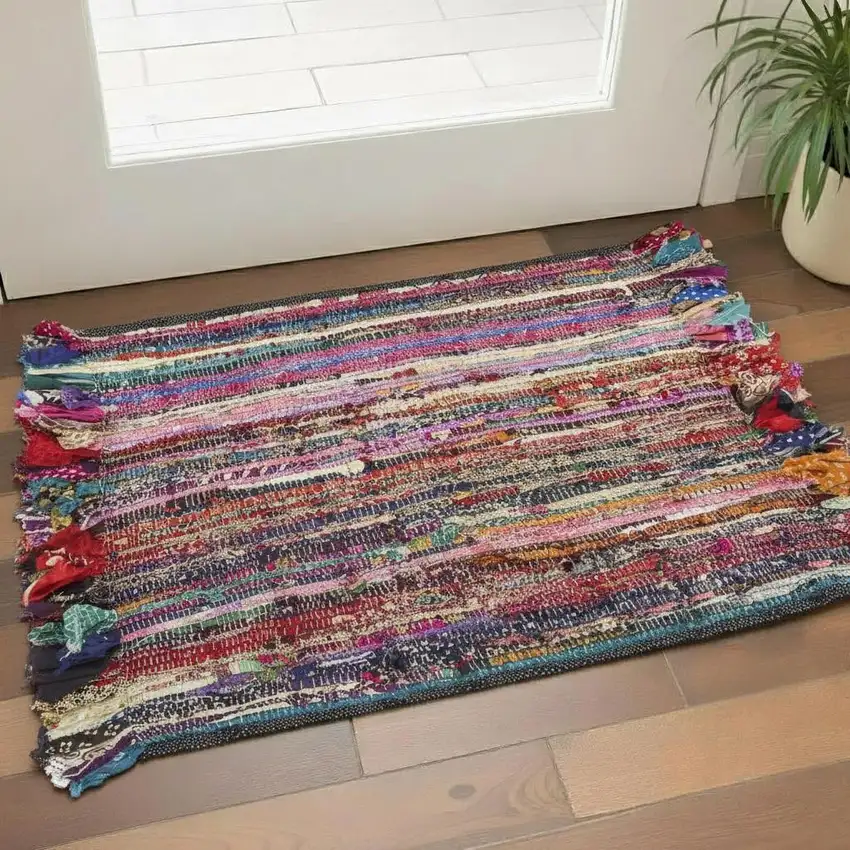 Blue And Sky Blue Striped Hand Woven Area Rug With Fringe Photo 1