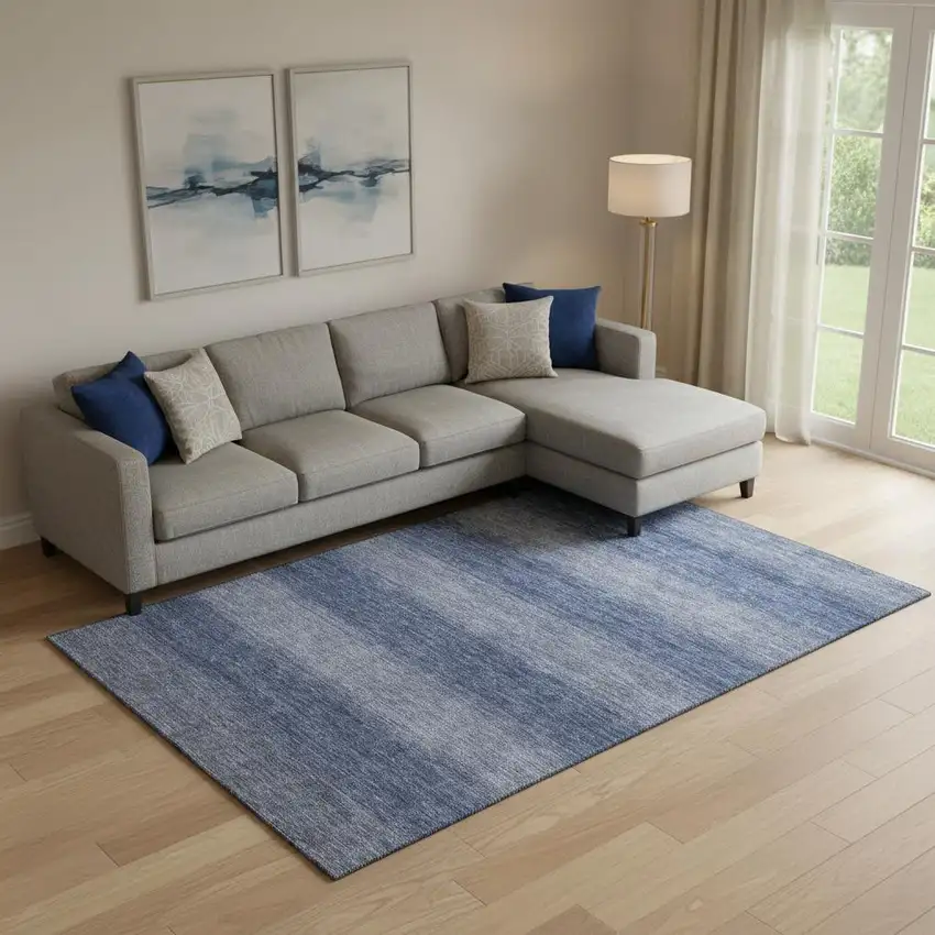 Blue And Sky Blue Striped Washable Area Rug With UV Protection Photo 2