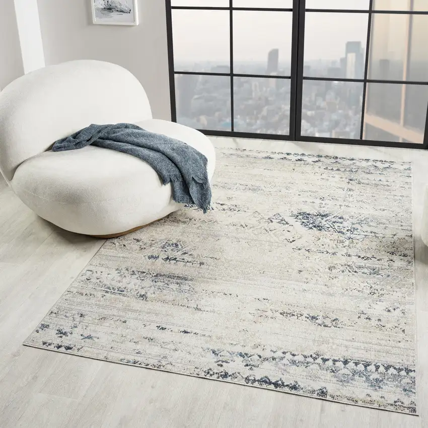 Blue And Sky Blue Tribal Distressed Washable Area Rug Photo 7