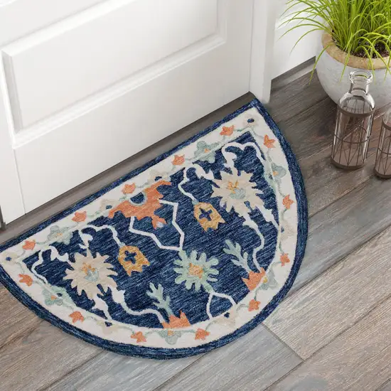 Blue And Sky Blue Wool Floral Hand Tufted Half Circle Rug Photo 4