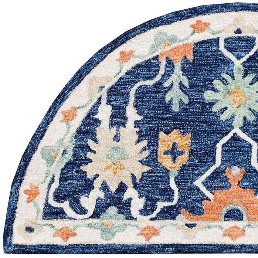 Blue And Sky Blue Wool Floral Hand Tufted Half Circle Rug Photo 3
