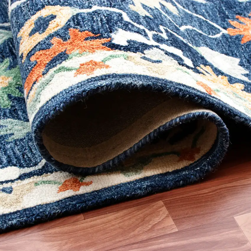 Blue And Sky Blue Wool Floral Hand Tufted Half Circle Rug Photo 5