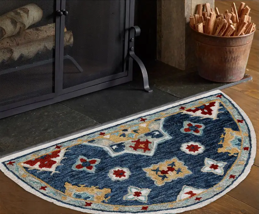 Blue And Sky Blue Wool Floral Hand Tufted Half Circle Rug Photo 3