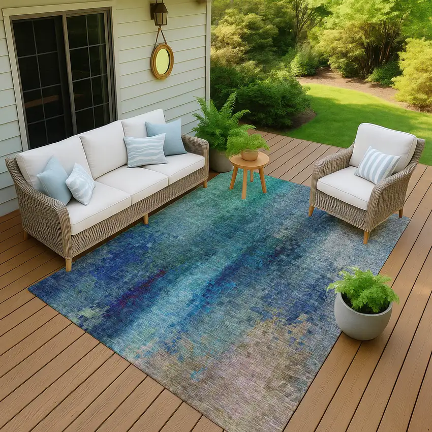 Blue And Tan Abstract Washable Indoor Outdoor Area Rug Photo 9