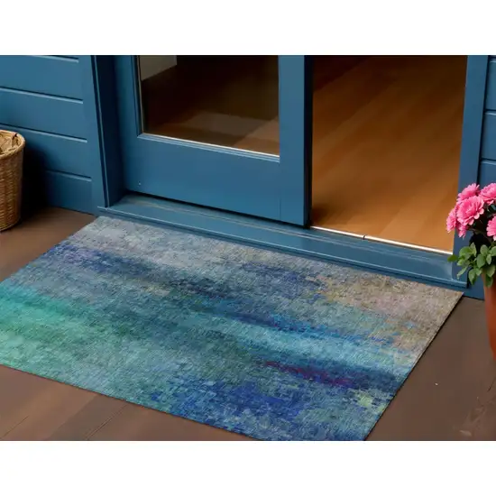Blue And Tan Abstract Washable Indoor Outdoor Area Rug Photo 1