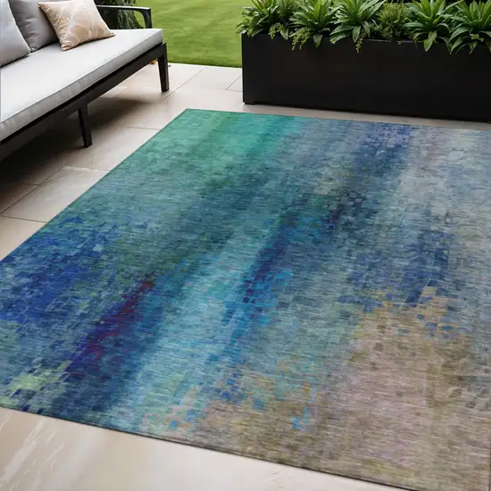 Blue And Tan Abstract Washable Indoor Outdoor Area Rug Photo 1